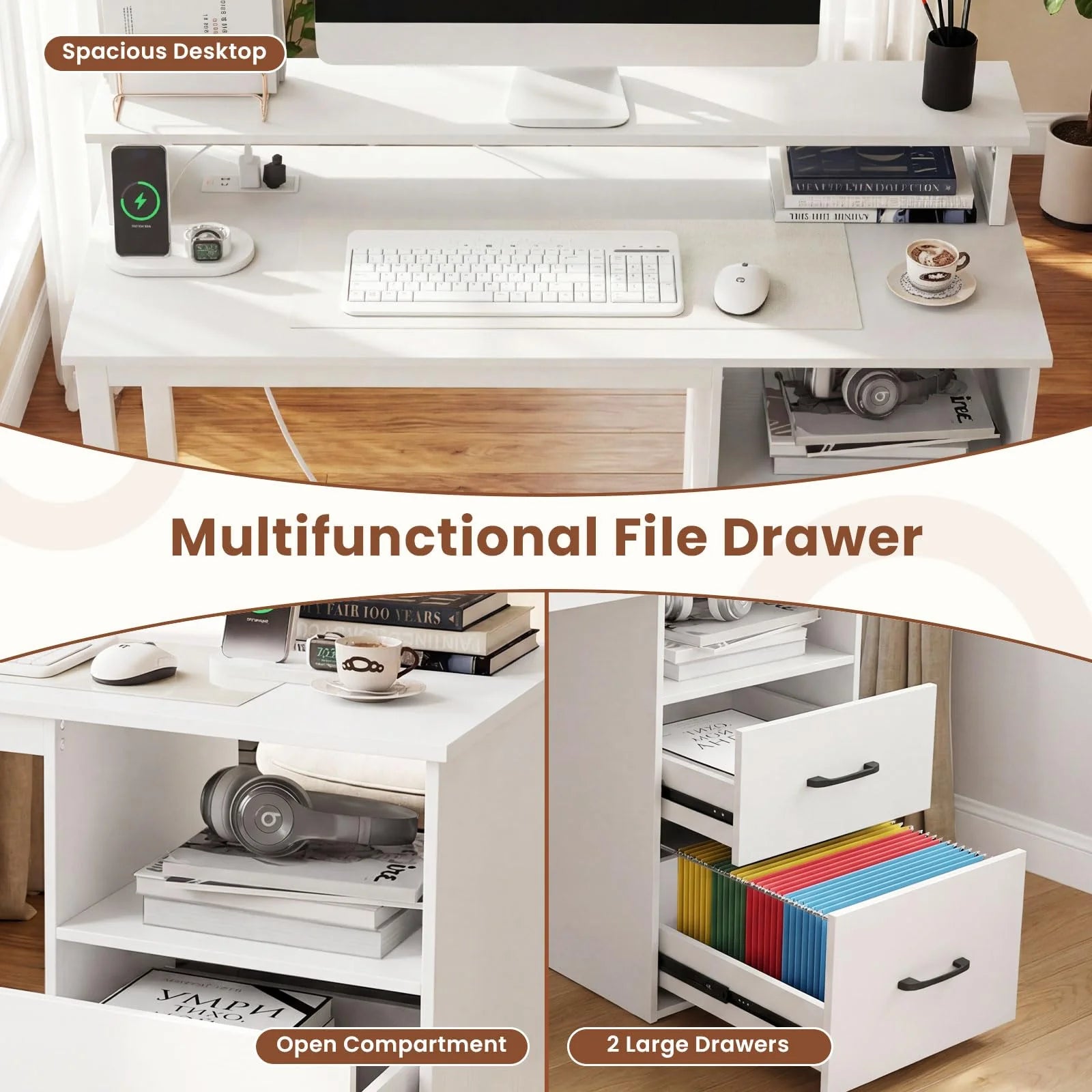 Tangkula 48" Computer Desk with 2 Storage Drawers & Power Outlets