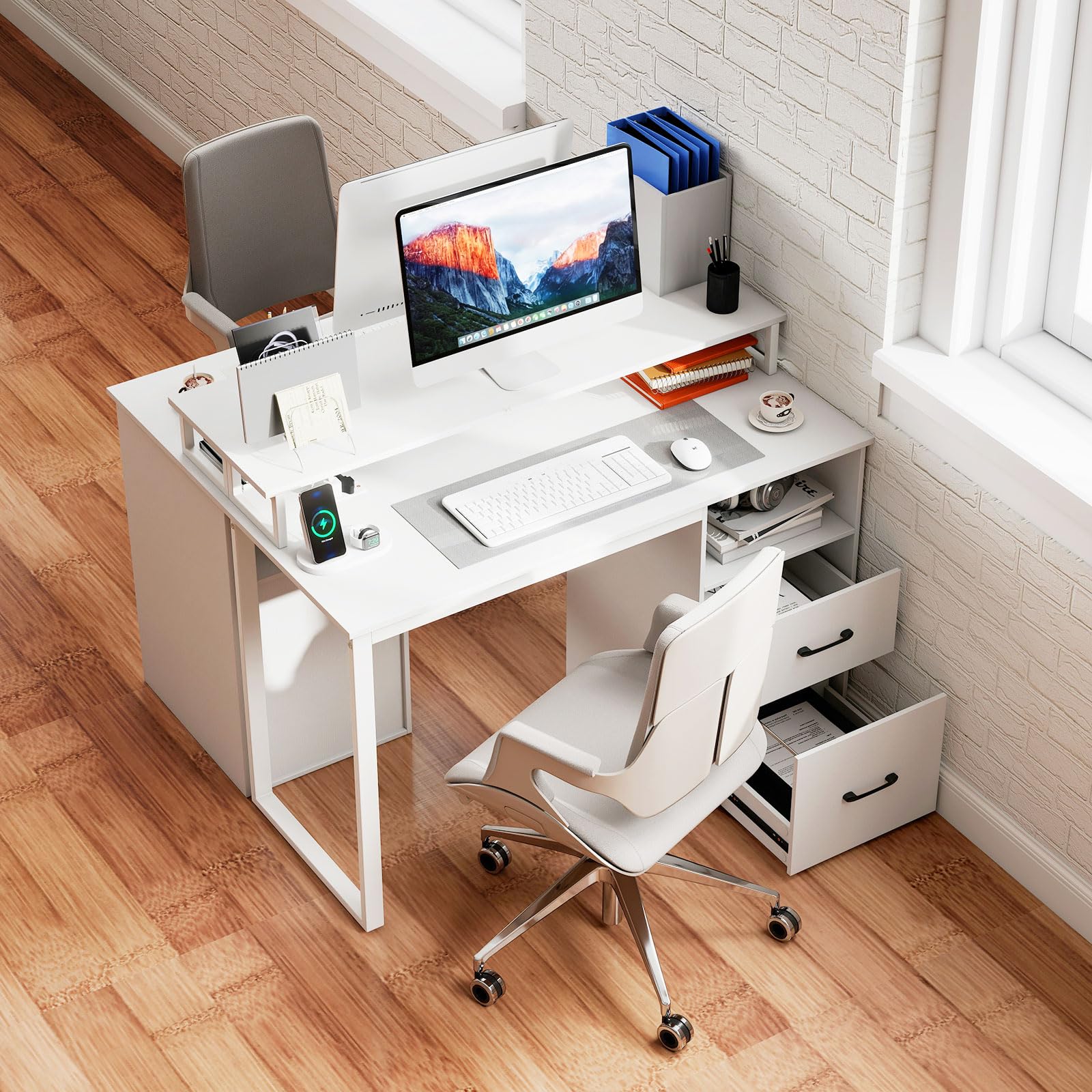 Tangkula  48" Computer Desk with 2 Storage Drawers & Power Outlets