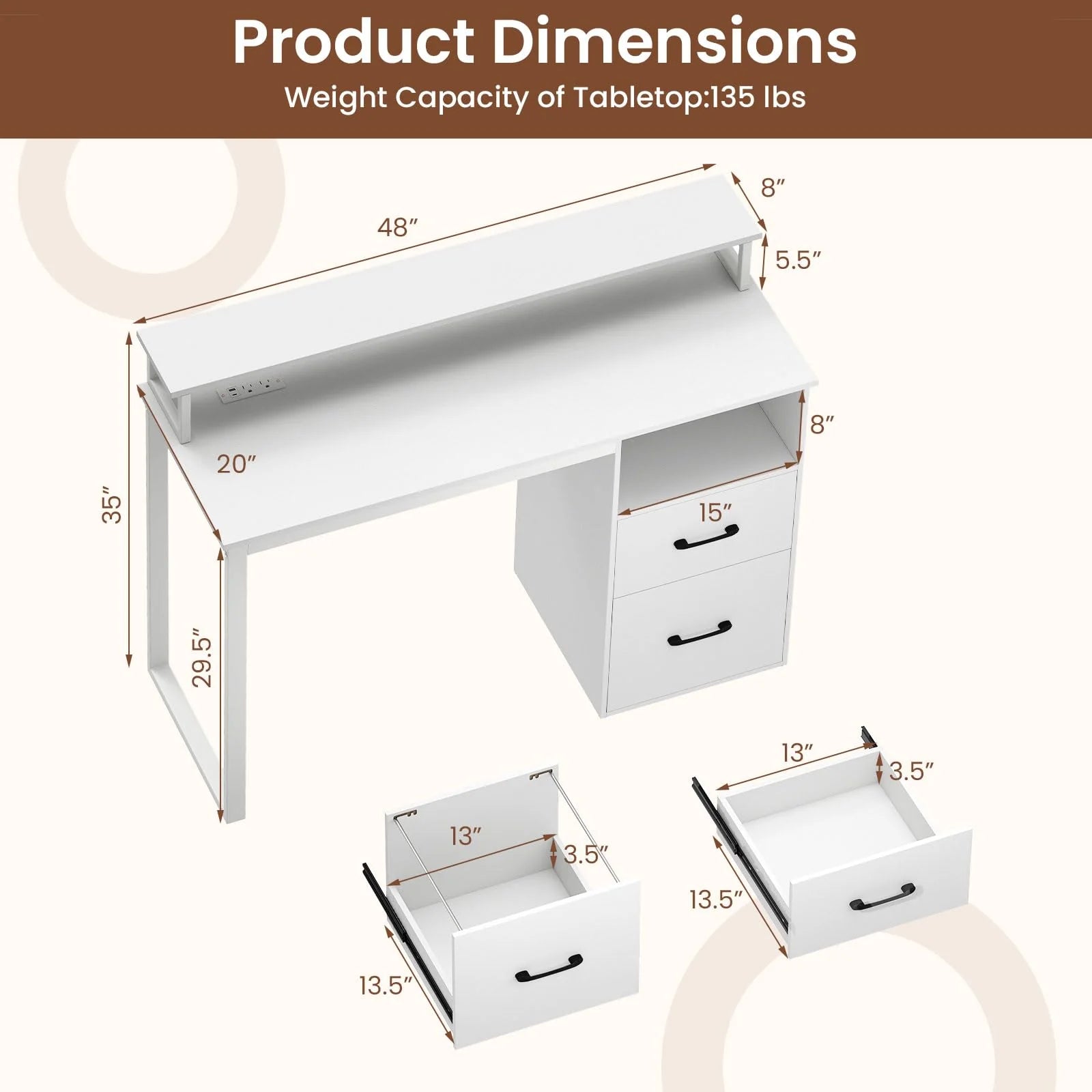 Tangkula  48" Computer Desk with 2 Storage Drawers & Power Outlets
